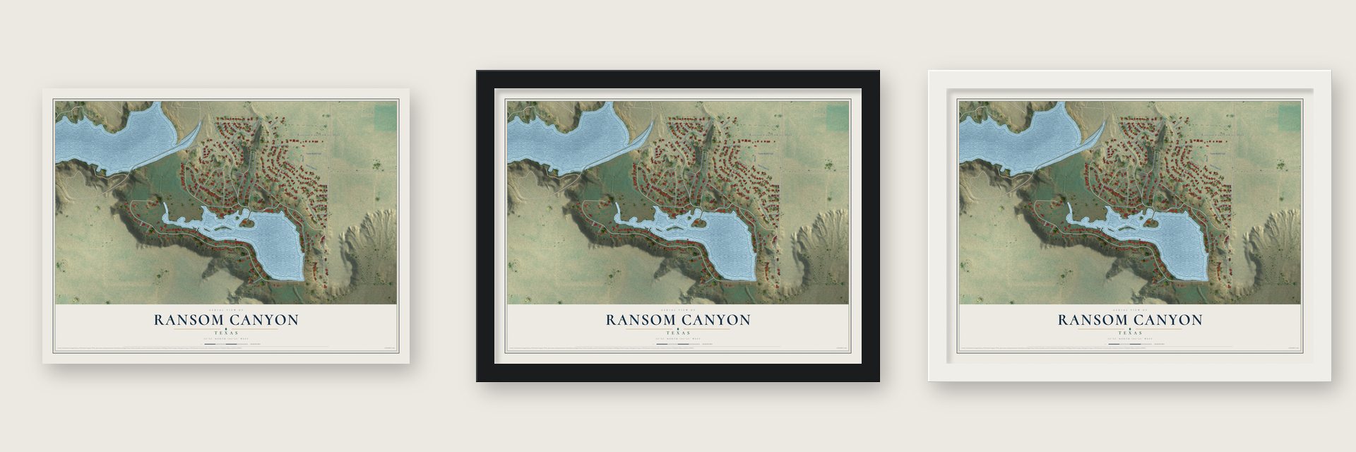 Ransom Canyon, Texas map unframed, in a black wood frame and in a white wood frame