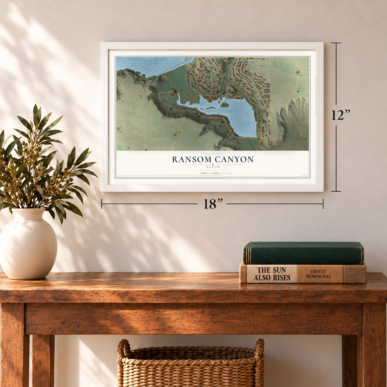 Ransom Canyon, Texas map, 12 x 18 inch print in a white frame in an entryway
