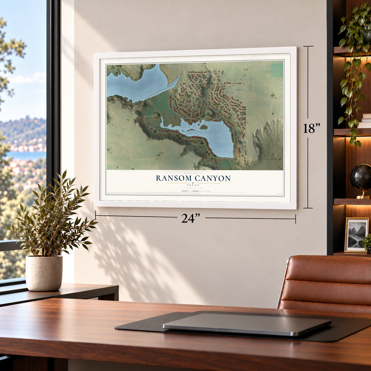 Ransom Canyon, Texas map, 18 x 24 inch print in a white frame in a home office