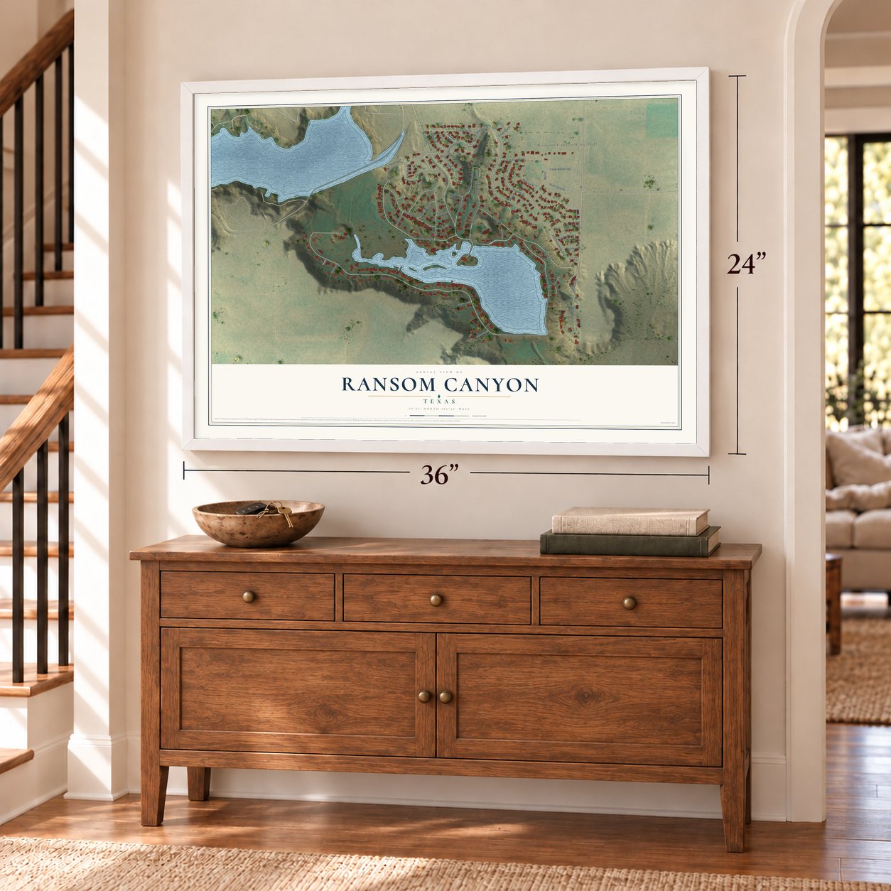 Ransom Canyon, Texas map, 24 x 36 inch print in a white frame above a dresser by a staircase