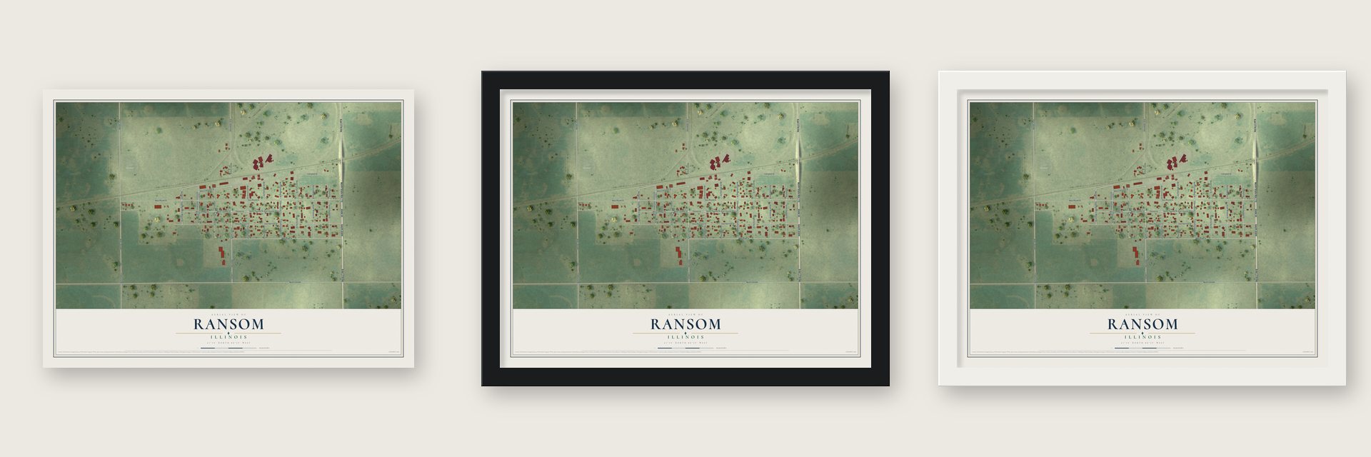 Ransom, Illinois map unframed, in a black wood frame and in a white wood frame