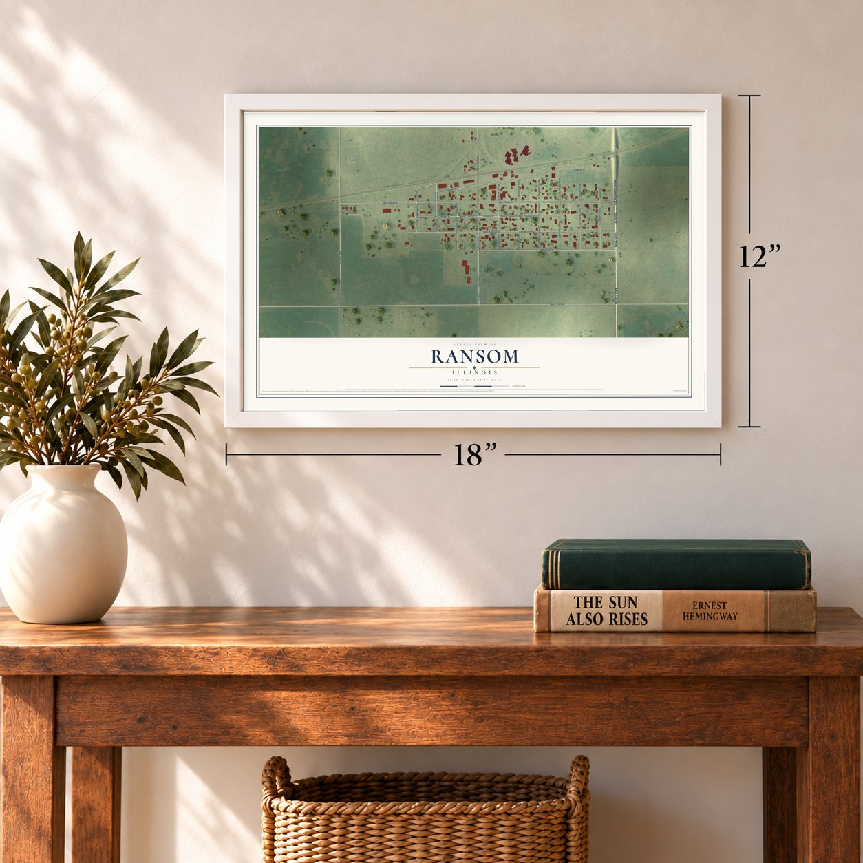 Ransom, Illinois map, 12 x 18 inch print in a white frame in an entryway
