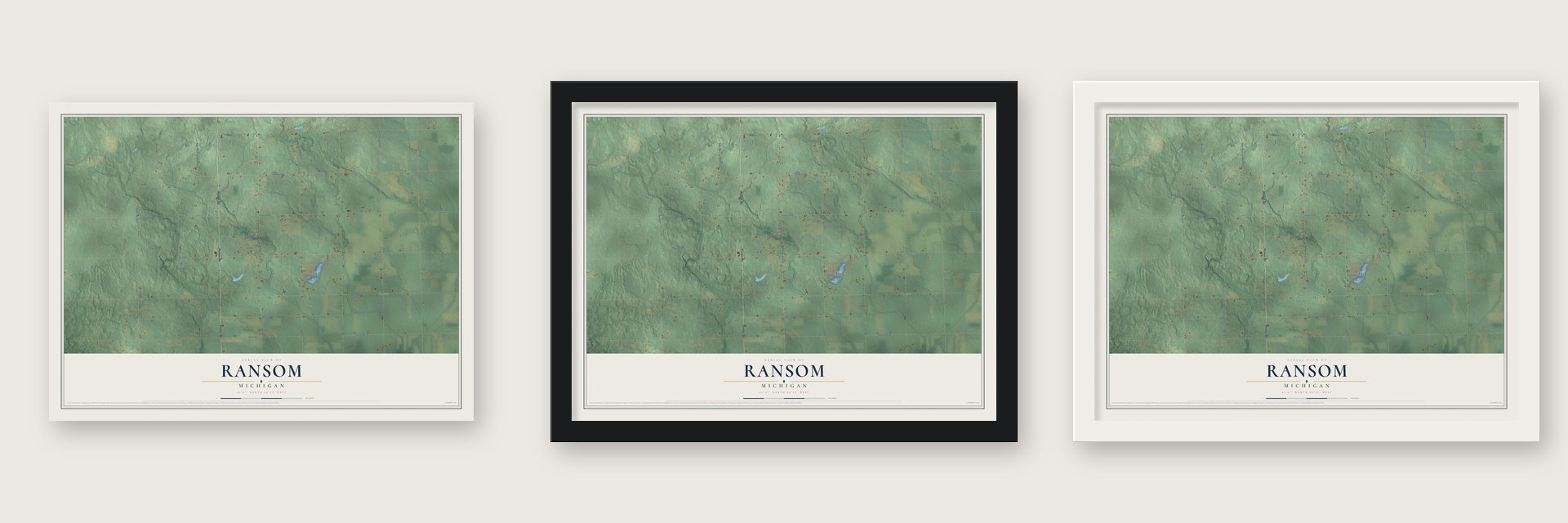 Ransom, Michigan map unframed, in a black wood frame and in a white wood frame