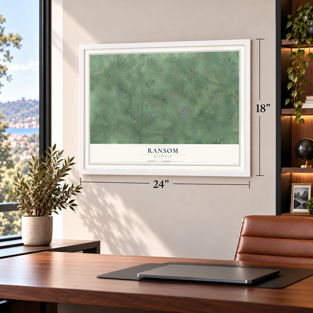 Ransom, Michigan map, 18 x 24 inch print in a white frame in a home office