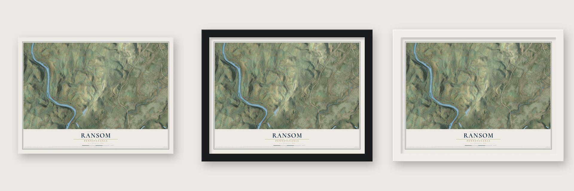 Ransom, Pennsylvania map unframed, in a black wood frame and in a white wood frame