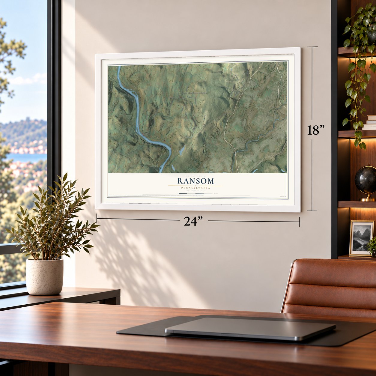 Ransom, Pennsylvania map, 18 x 24 inch print in a white frame in a home office