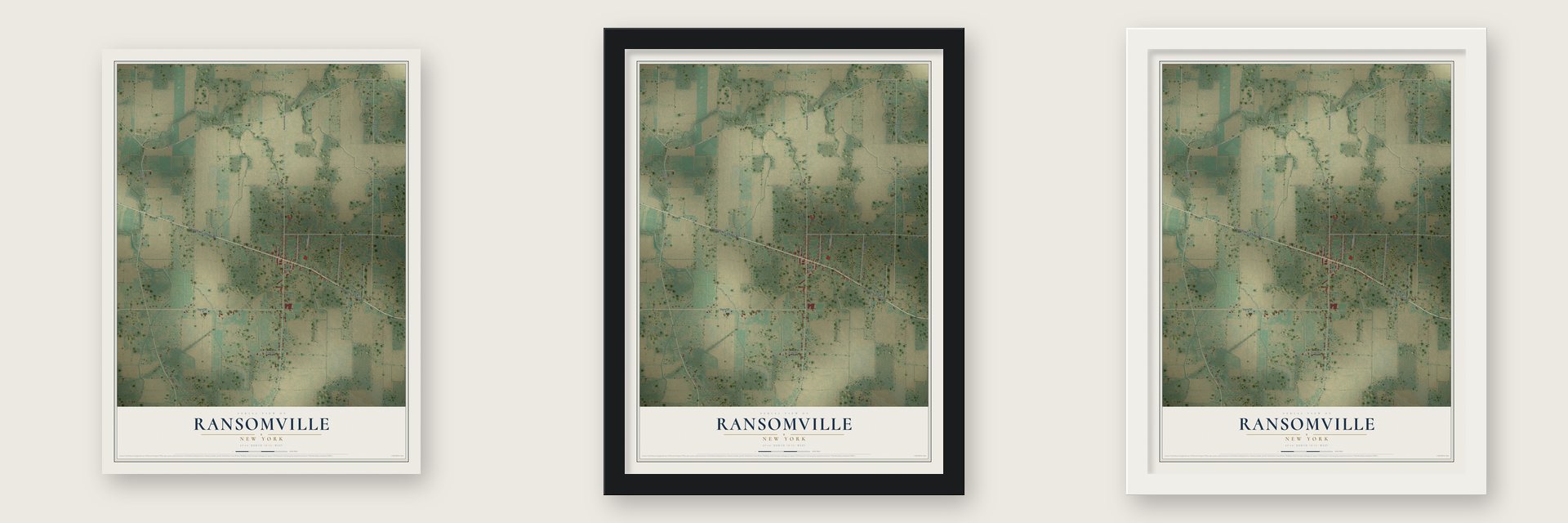 Ransomville, New York map unframed, in a black wood frame and in a white wood frame