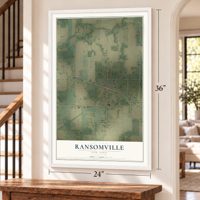 Ransomville, New York map, 24 x 36 inch print in a white frame by a staircase