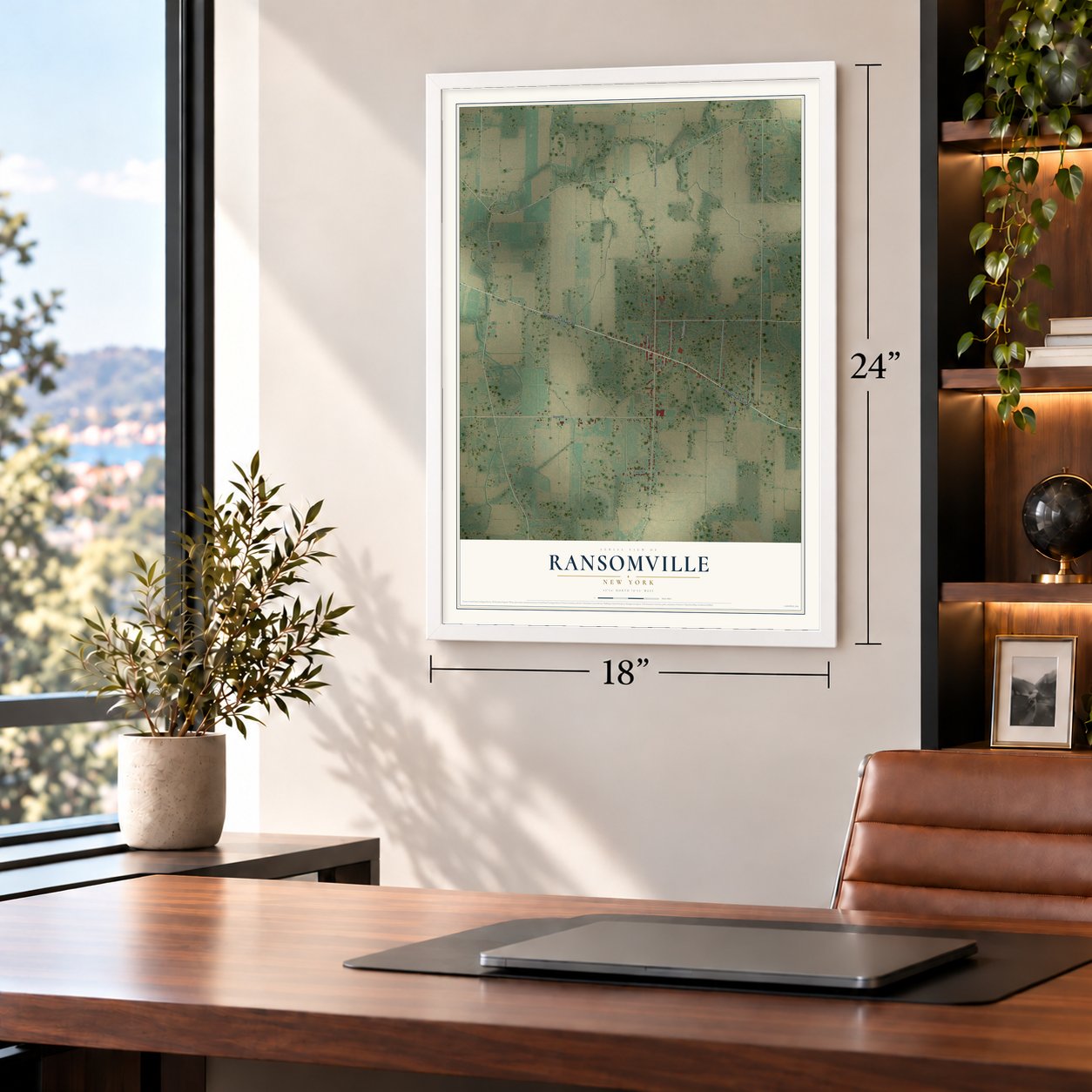Ransomville, New York map, 18 x 24 inch print in a white frame in a home office