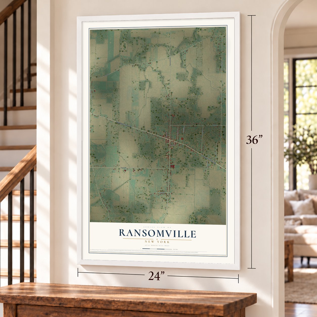 Ransomville, New York map, 24 x 36 inch print in a white frame by a staircase