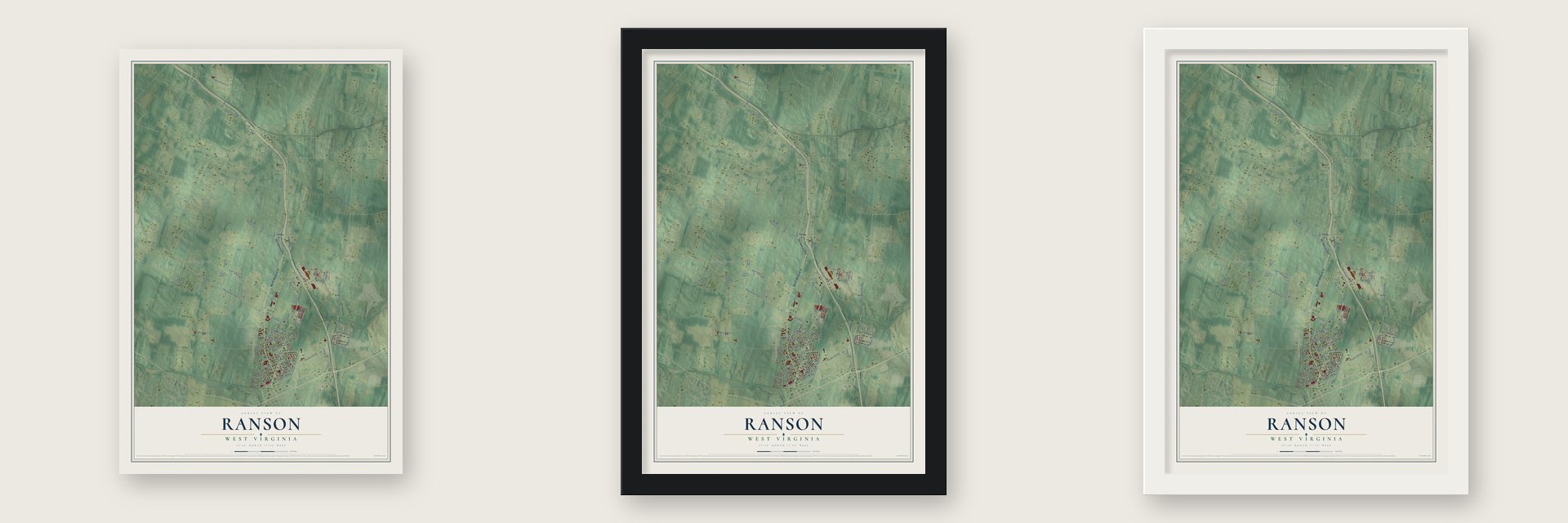 Ranson, West Virginia map unframed, in a black wood frame and in a white wood frame