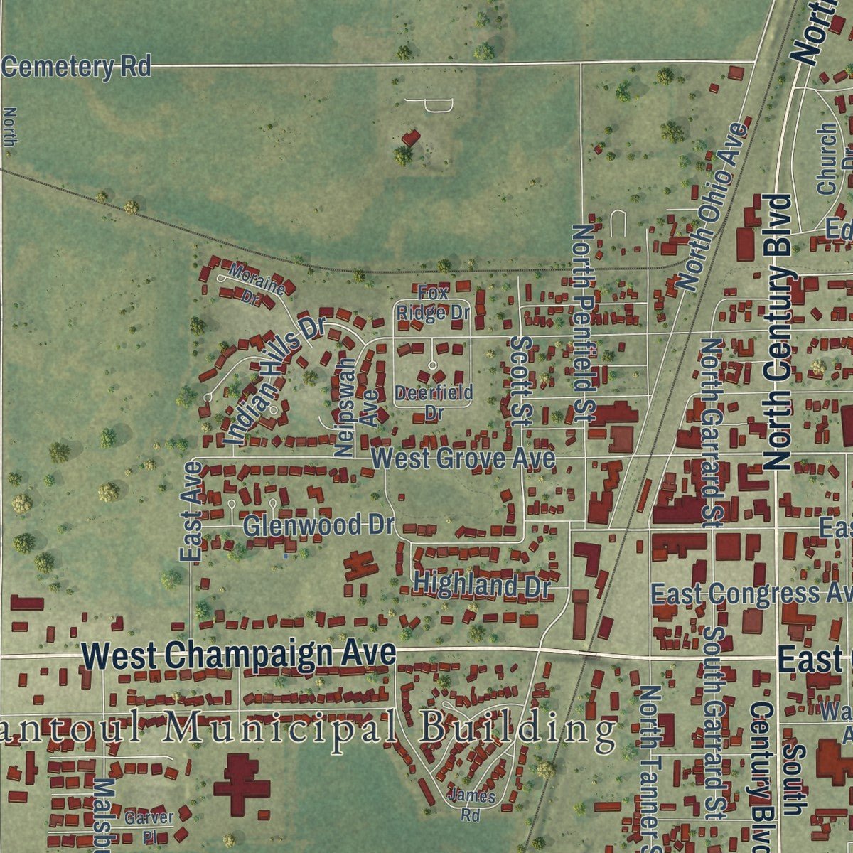 Second close-up of the map of Rantoul, Illinois print showing more streets and buildings