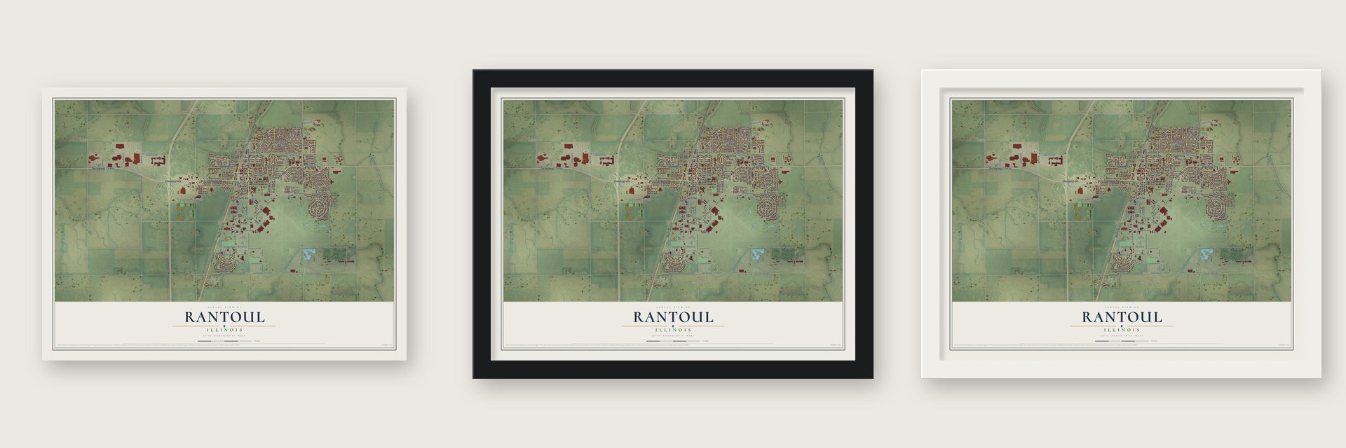 Rantoul, Illinois map unframed, in a black wood frame and in a white wood frame