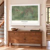 Rantoul, Illinois map, 24 x 36 inch print in a white frame above a dresser by a staircase