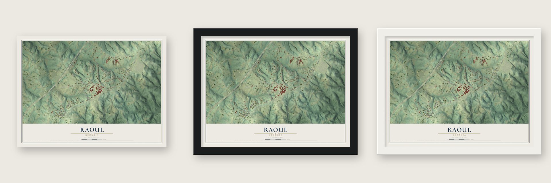 Raoul, Georgia map unframed, in a black wood frame and in a white wood frame