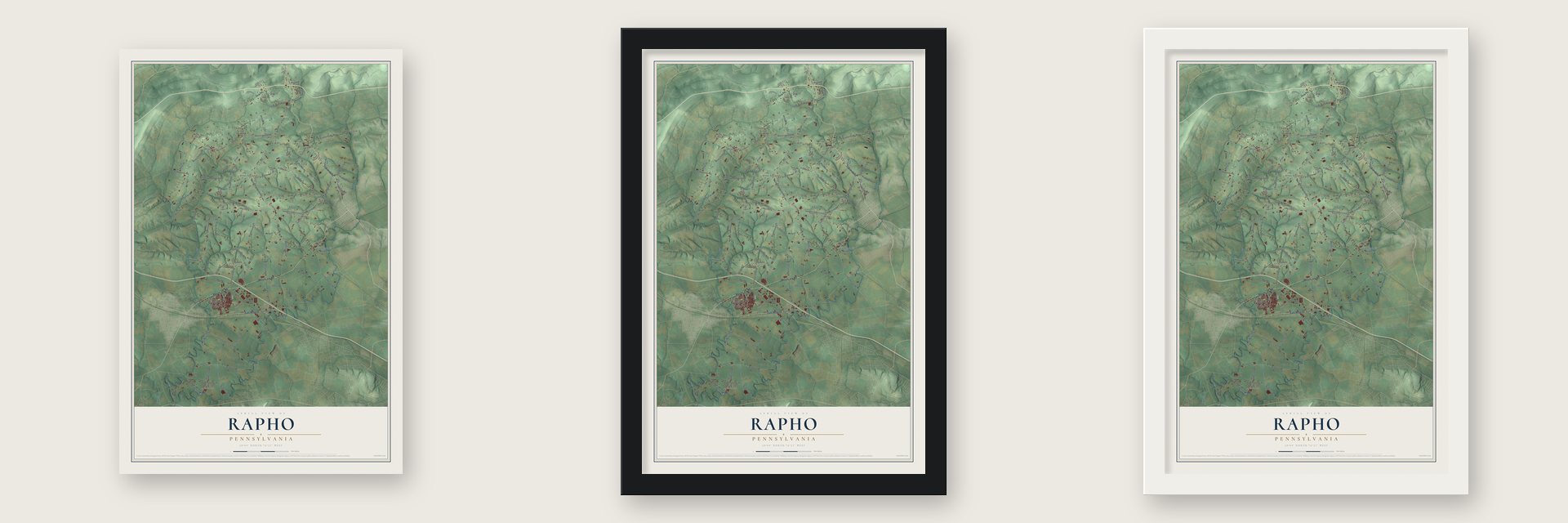 Rapho, Pennsylvania map unframed, in a black wood frame and in a white wood frame