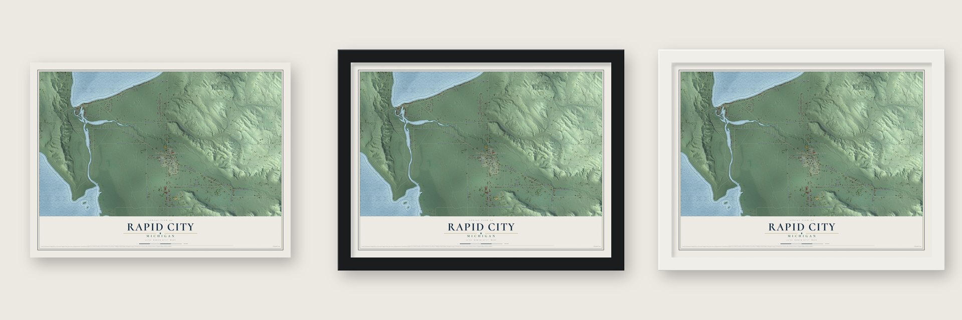 Rapid City, Michigan map unframed, in a black wood frame and in a white wood frame