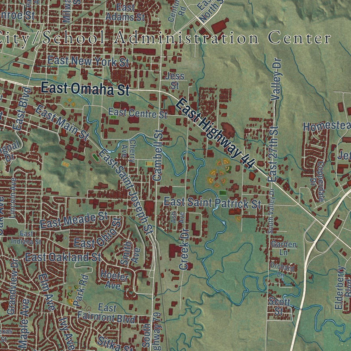 Second close-up of the map of Rapid City, South Dakota print showing more streets and buildings
