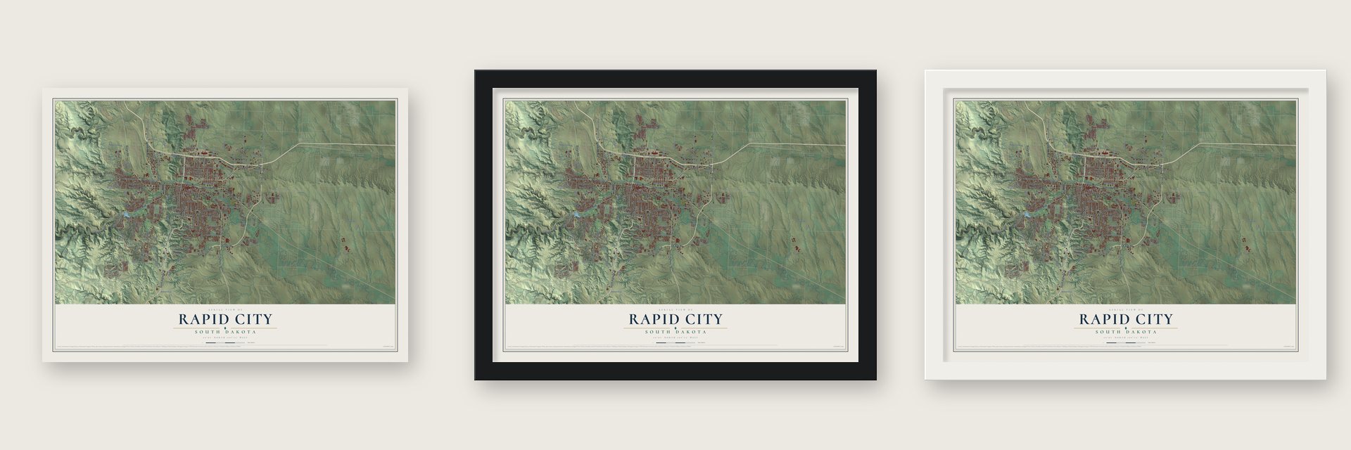 Rapid City, South Dakota map unframed, in a black wood frame and in a white wood frame