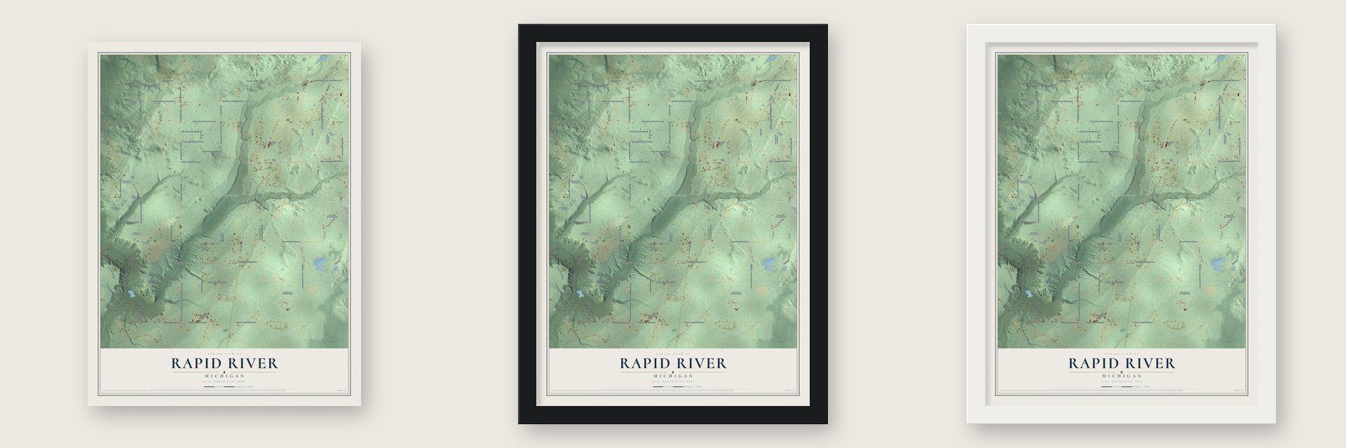Rapid River, Michigan map unframed, in a black wood frame and in a white wood frame