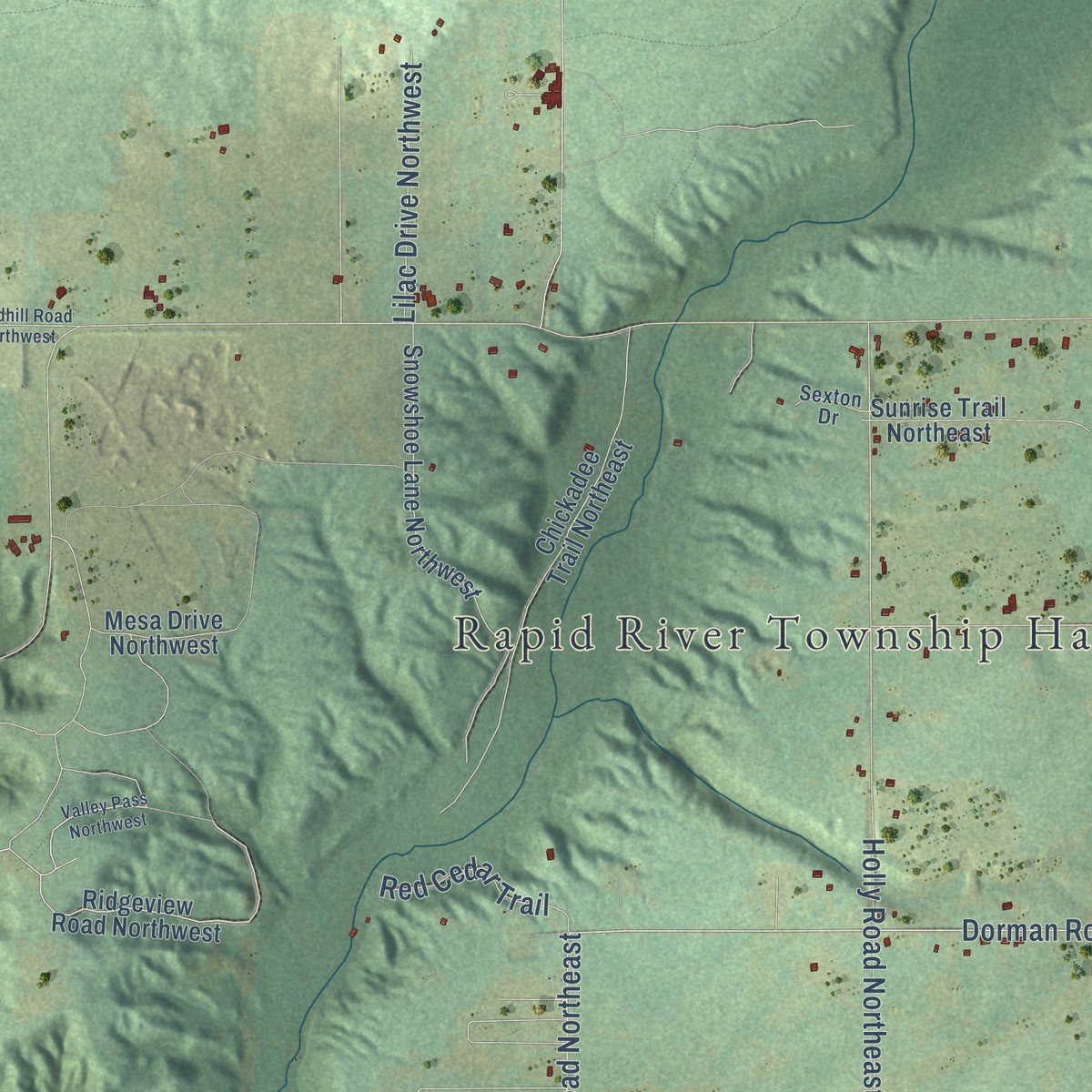Second close-up of the map of Rapid River, Michigan print showing more streets and buildings