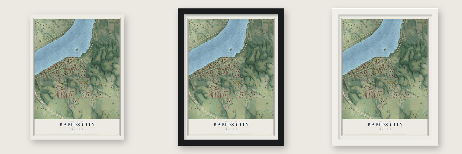 Rapids City, Illinois map unframed, in a black wood frame and in a white wood frame