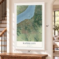 Rapids City, Illinois map, 24 x 36 inch print in a white frame by a staircase