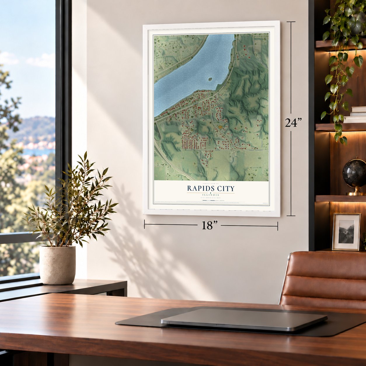 Rapids City, Illinois map, 18 x 24 inch print in a white frame in a home office