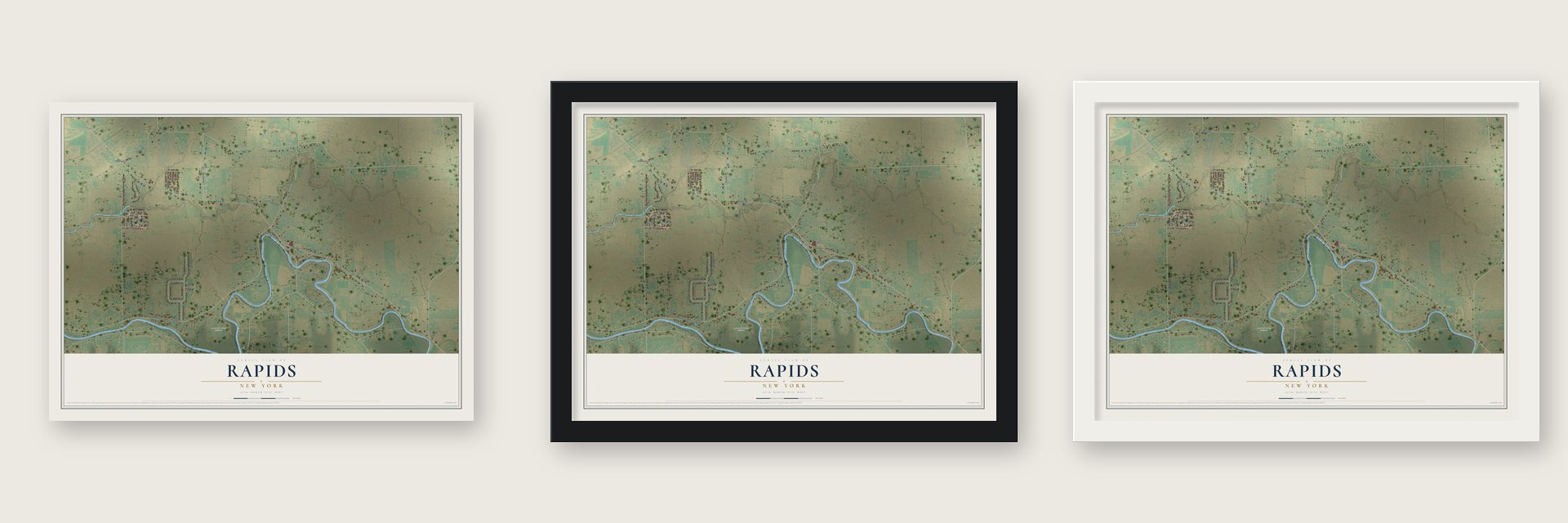 Rapids, New York map unframed, in a black wood frame and in a white wood frame