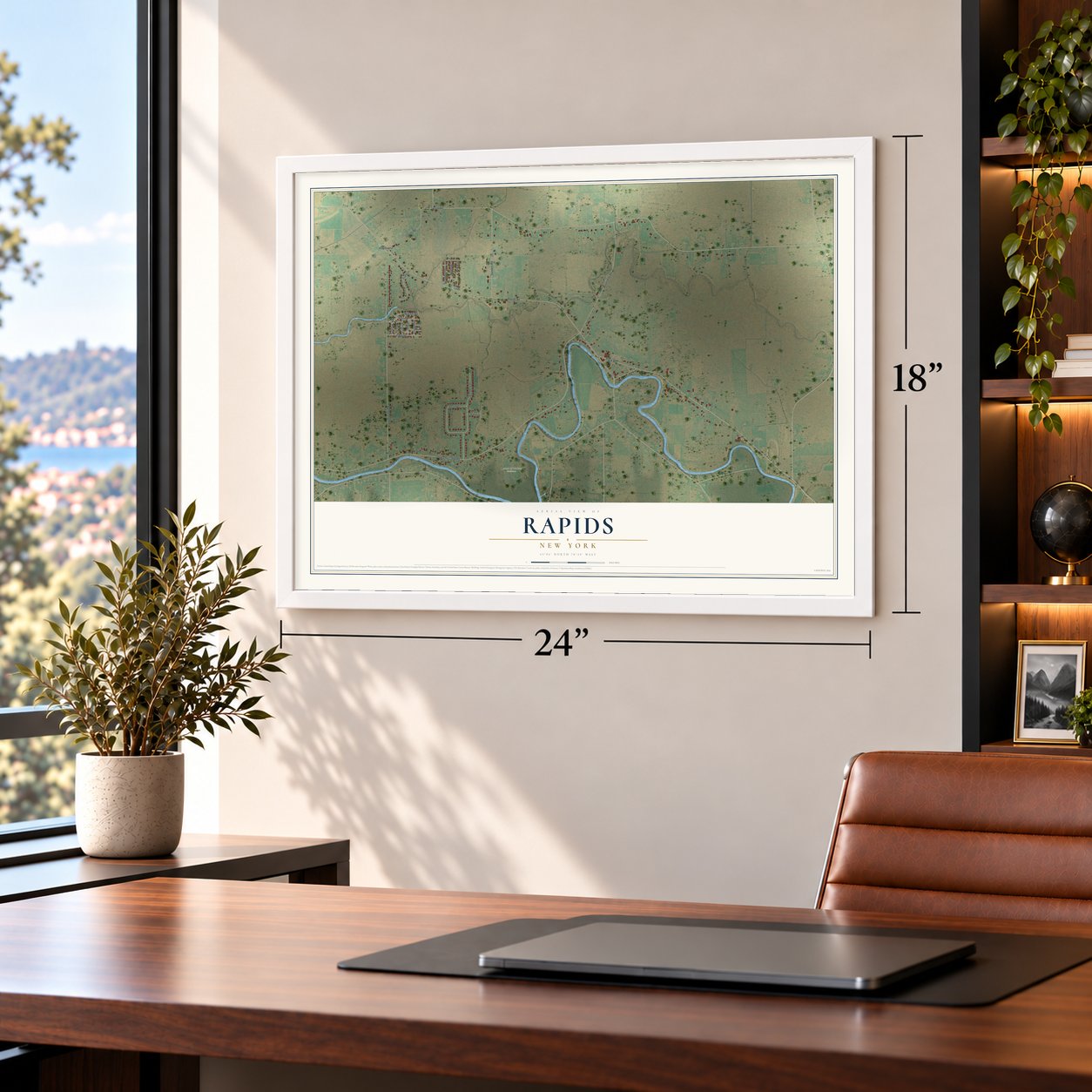 Rapids, New York map, 18 x 24 inch print in a white frame in a home office