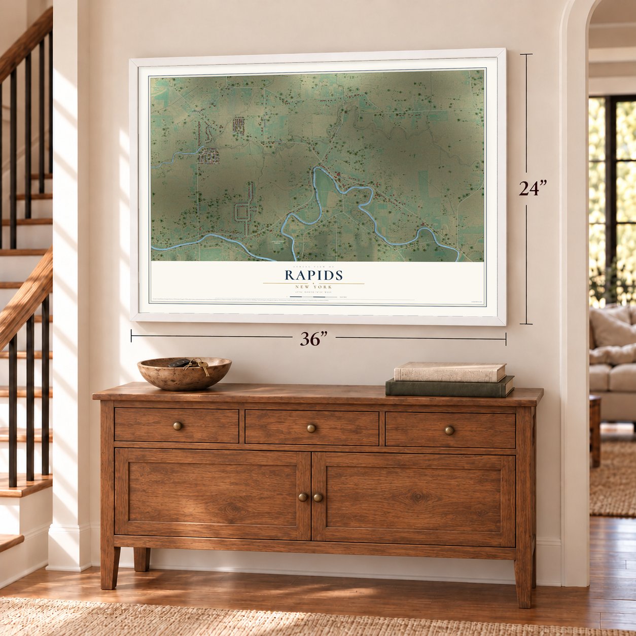 Rapids, New York map, 24 x 36 inch print in a white frame above a dresser by a staircase