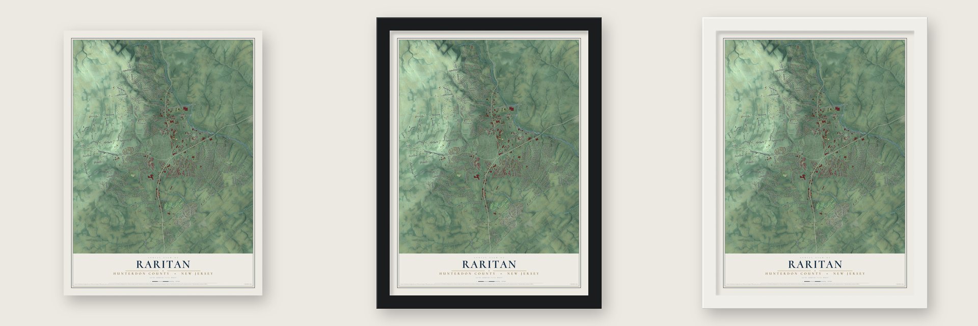 Raritan, Hunterdon County, New Jersey map unframed, in a black wood frame and in a white wood frame