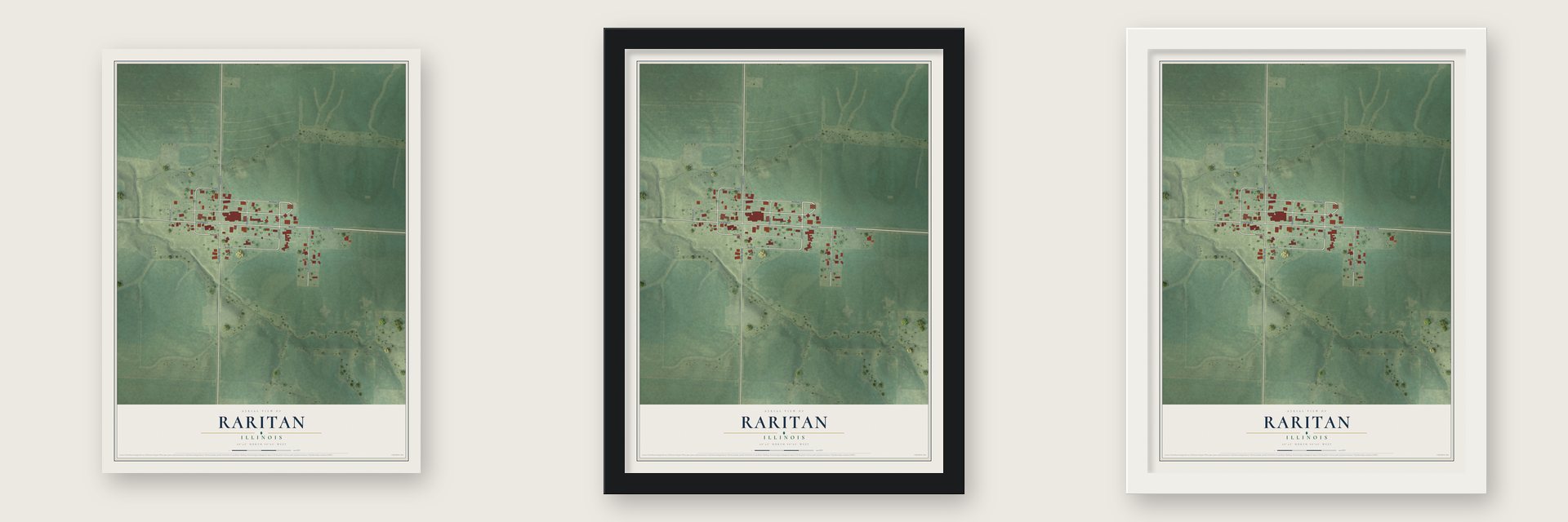 Raritan, Illinois map unframed, in a black wood frame and in a white wood frame