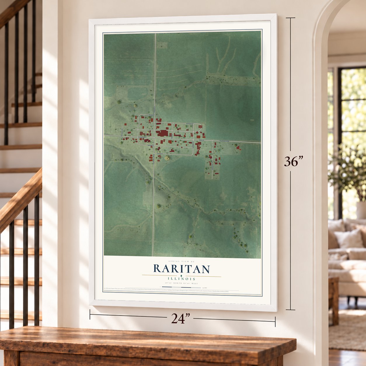 Raritan, Illinois map, 24 x 36 inch print in a white frame by a staircase