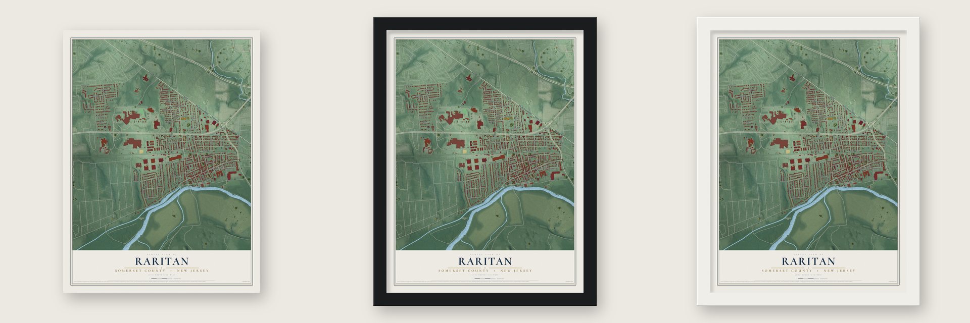 Raritan, Somerset County, New Jersey map unframed, in a black wood frame and in a white wood frame