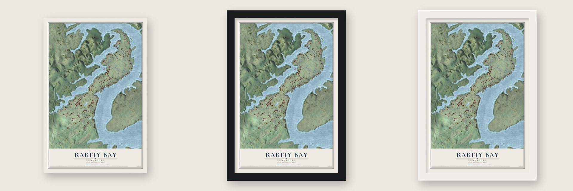 Rarity Bay, Tennessee map unframed, in a black wood frame and in a white wood frame