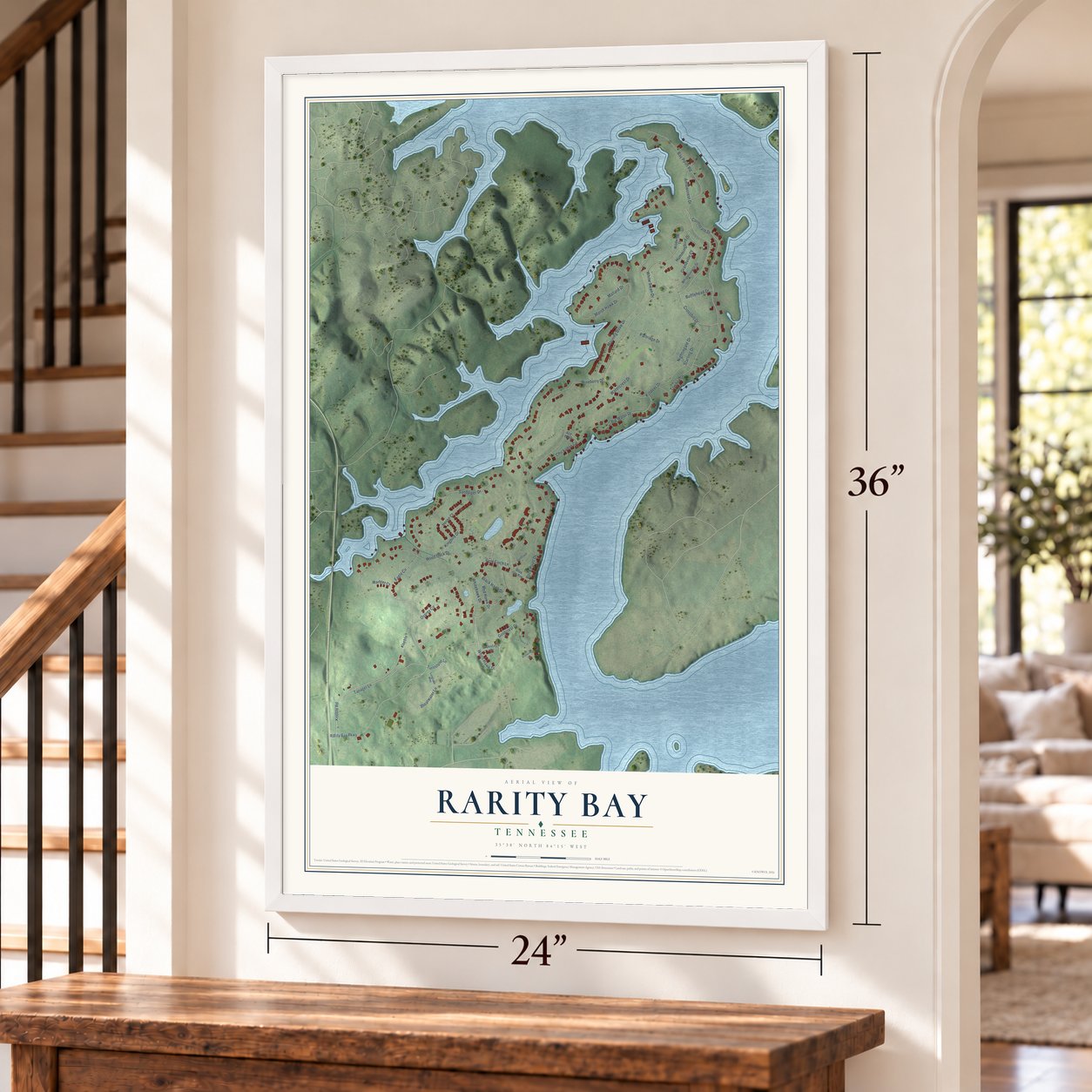 Rarity Bay, Tennessee map, 24 x 36 inch print in a white frame by a staircase
