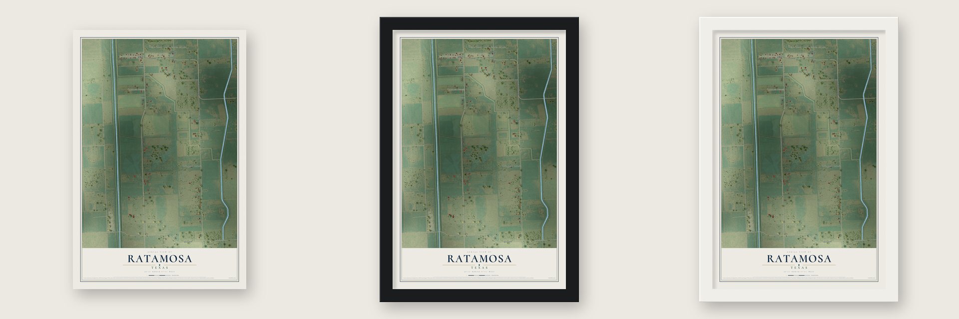 Ratamosa, Texas map unframed, in a black wood frame and in a white wood frame