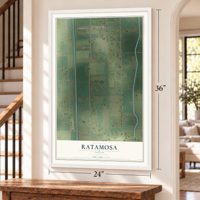 Ratamosa, Texas map, 24 x 36 inch print in a white frame by a staircase