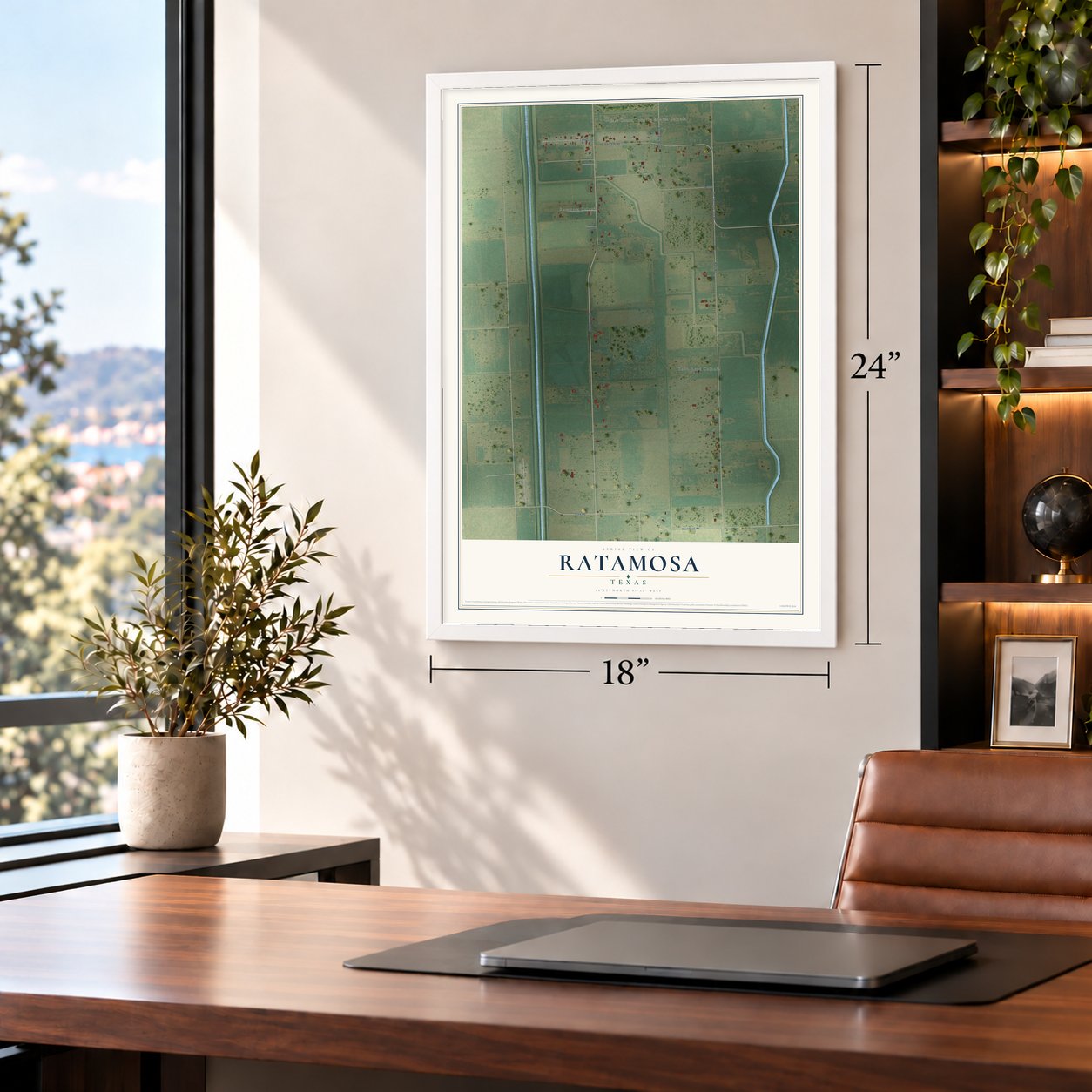 Ratamosa, Texas map, 18 x 24 inch print in a white frame in a home office