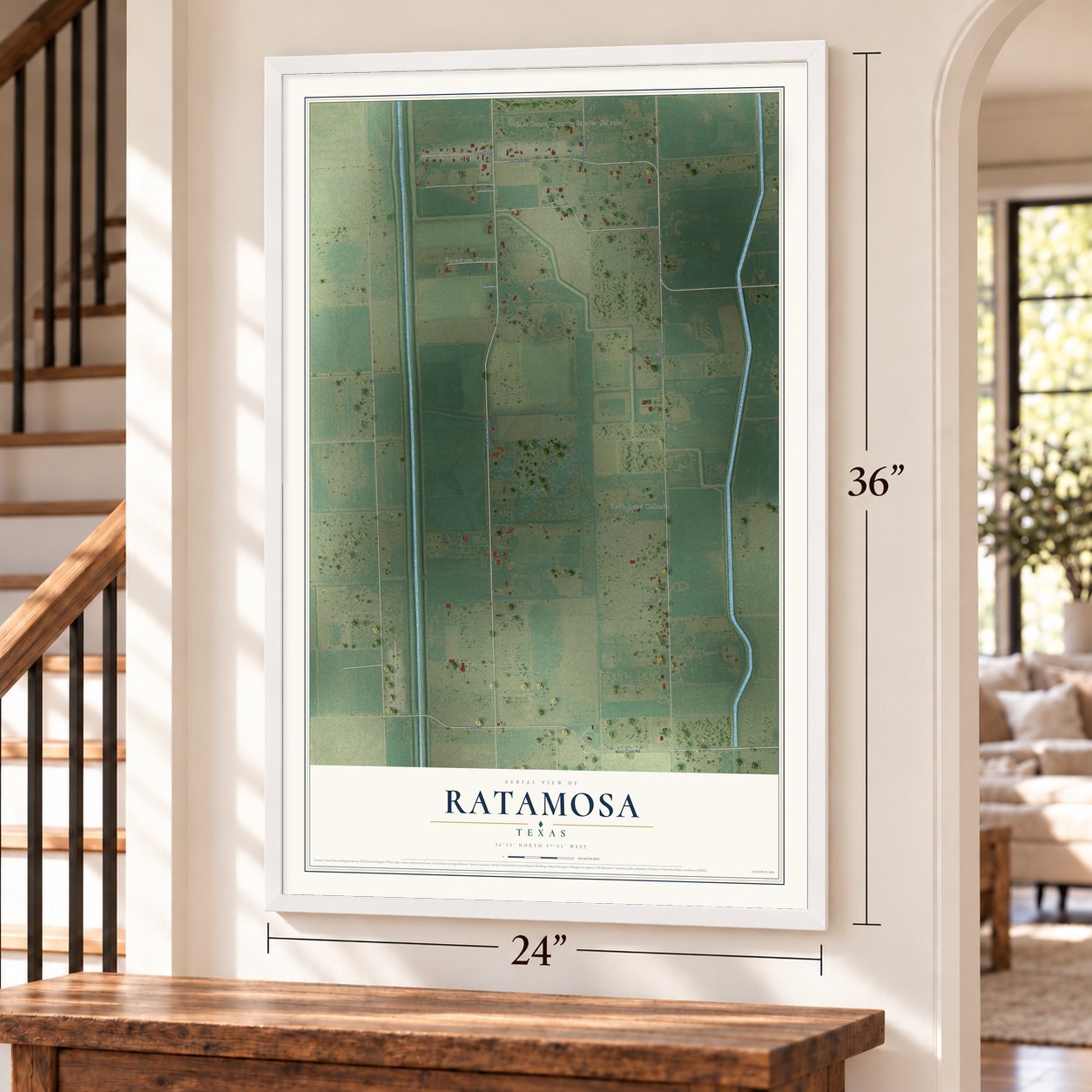 Ratamosa, Texas map, 24 x 36 inch print in a white frame by a staircase