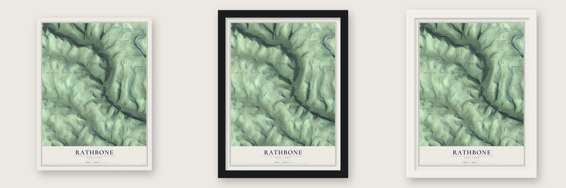 Rathbone, New York map unframed, in a black wood frame and in a white wood frame