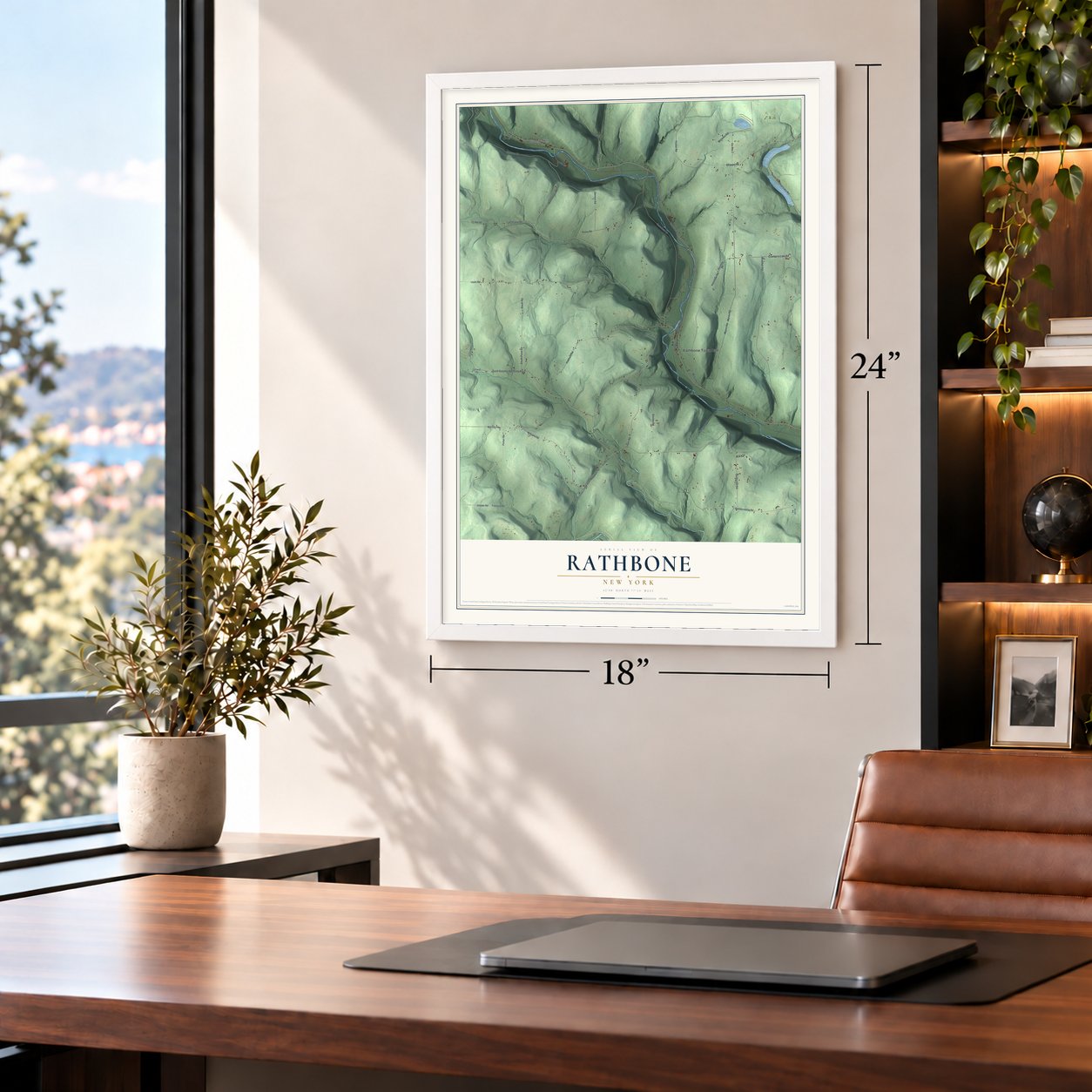 Rathbone, New York map, 18 x 24 inch print in a white frame in a home office