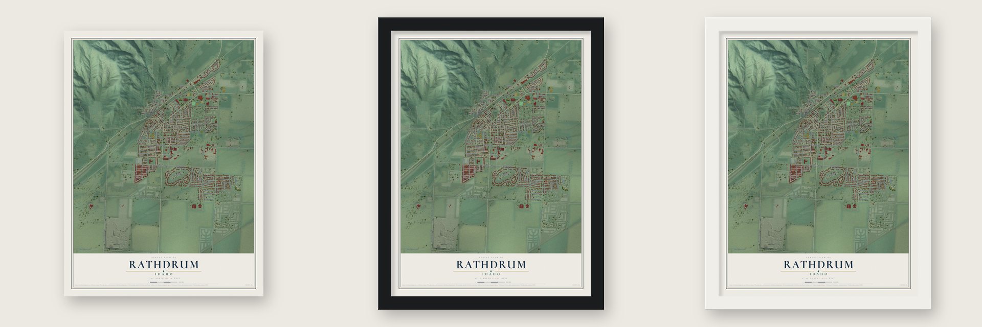 Rathdrum, Idaho map unframed, in a black wood frame and in a white wood frame