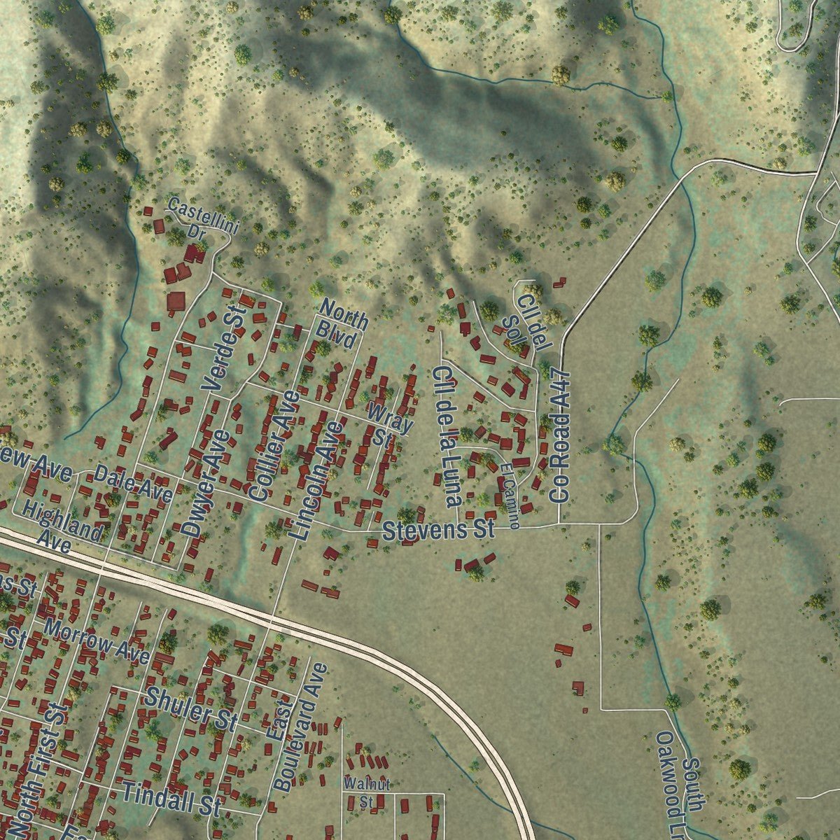 Second close-up of the map of Raton, New Mexico print showing more streets and buildings