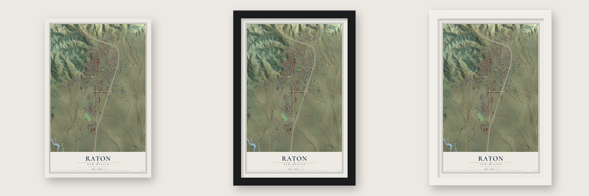 Raton, New Mexico map unframed, in a black wood frame and in a white wood frame
