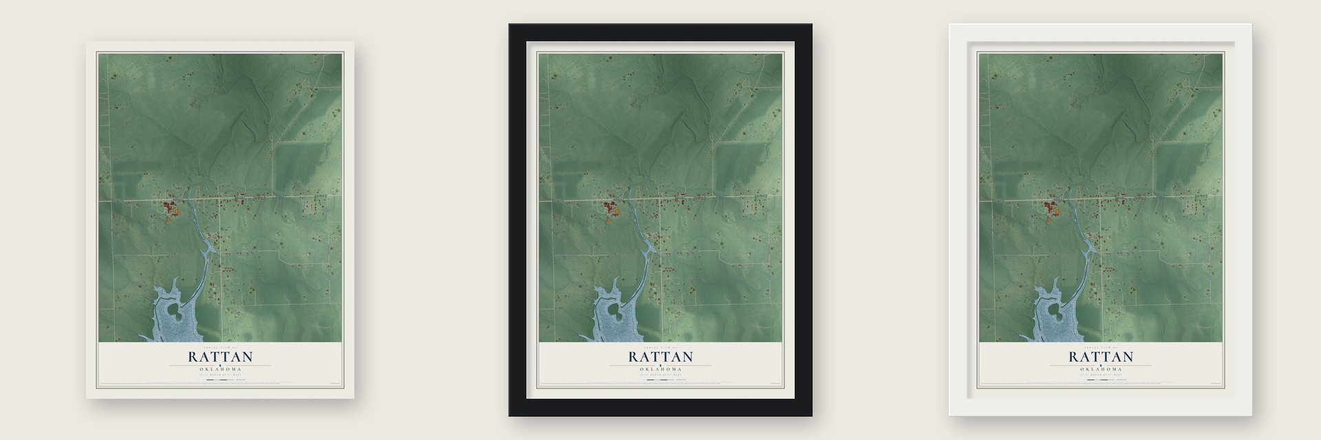 Rattan, Oklahoma map unframed, in a black wood frame and in a white wood frame