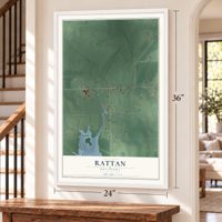 Rattan, Oklahoma map, 24 x 36 inch print in a white frame by a staircase
