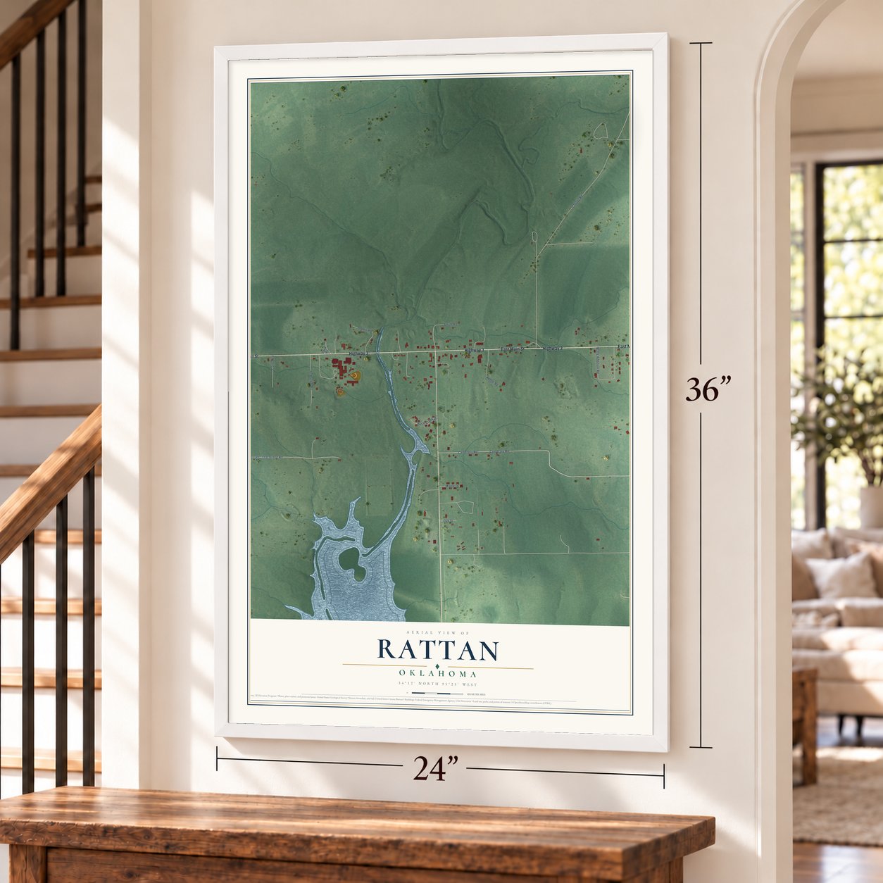 Rattan, Oklahoma map, 24 x 36 inch print in a white frame by a staircase