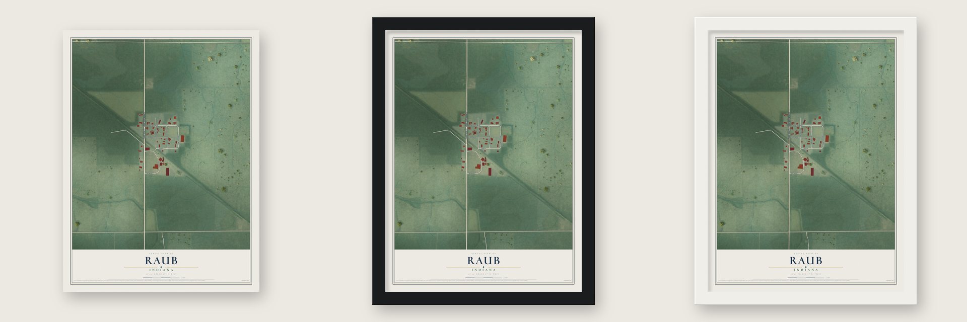 Raub, Indiana map unframed, in a black wood frame and in a white wood frame